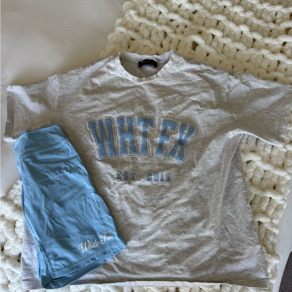 White Fox Gray and Blue Graphic T-Shirt and Shorts Set